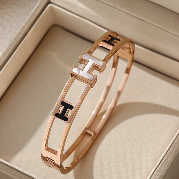 18K Rose Gold Plated Titanium Steel Luxury Bangle, H , Pearl White and Black - Picture 1 of 2